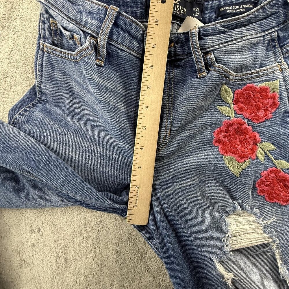 Hollister High Rise Slim Straight Jeans Women 0R Distressed Rose Embroidered Y2K - Picture 15 of 16